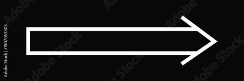 White outline arrow icon pointing right with thin stroke and rectangular tail isolated on black background for navigation direction and user interface.