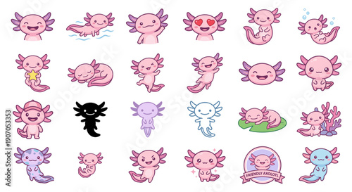 A collection of adorable, cartoonish axolotl illustrations in various poses and expressions.