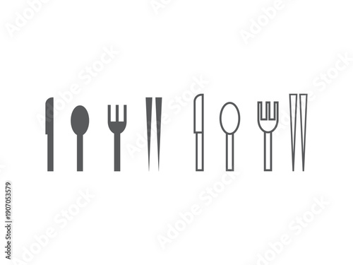 カトラリー（ナイフ、スプーン、フォーク、箸）のアイコンのイラストのセット