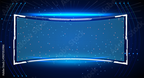 Digital display with blue lights in a dark space during a technology event showcasing modern designs and bright visuals