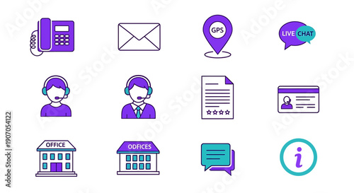 Vector customer service icons set, including phone, email, map pin, chat bubble, people, id card, building, and info symbols, for website, app, or UI design isolated on White Background