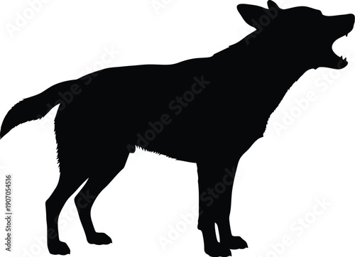 A black silhouette of a dog standing on all fours howling loudly in profile view