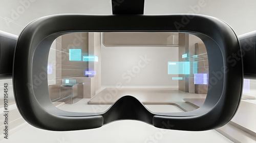 First person view through VR headset into futuristic digital room