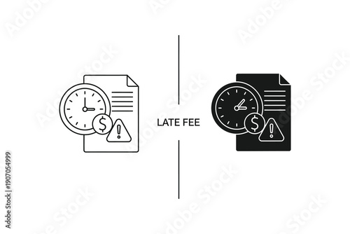 Late Fee Document Icons with Clock and Warning Signs vector illustration