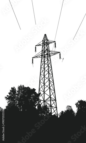 Silhouette of a tall electricity pylon tower against a white sky with tree line below Keywords: silhouette, electricity, pylon