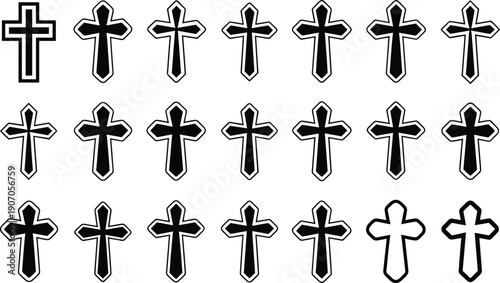 Set of Black Christian Cross Icons on White Background, Stock Media