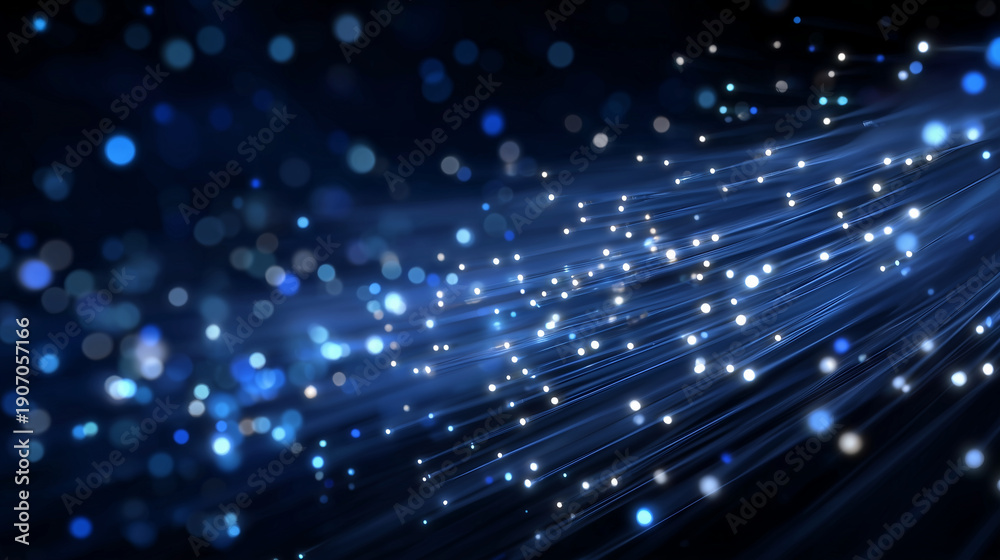 Fototapeta premium Macro-style cinematic shot of a fiber optic cable with illuminated tips, bright data streams traveling through translucent strands, digital nodes and network paths floating in the