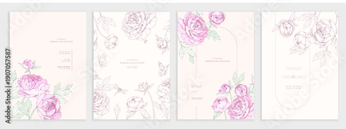 Set of brochures with pink peonies, colorful flowers and brunch. Detailed template layout design, brochure or cover for Valentines day or wedding