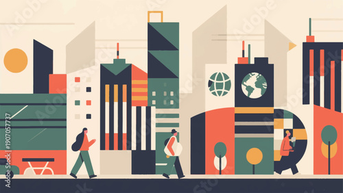Illustration Of Modern Urban Lifestyle With People Walking Vector Design Template
