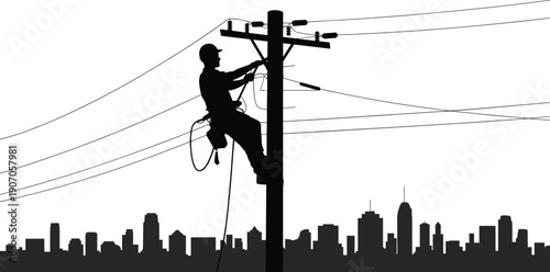 Silhouette of lineman working on utility pole against city skyline electrician power line