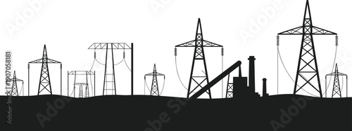 Silhouette of industrial landscape with power lines and towers electricity pylon
