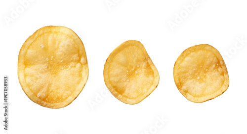 Three crispy golden potato chips isolated on white background, perfect for snack food promotions