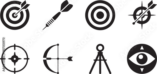 Set of eight black and white target and archery related icons isolated on transparent background