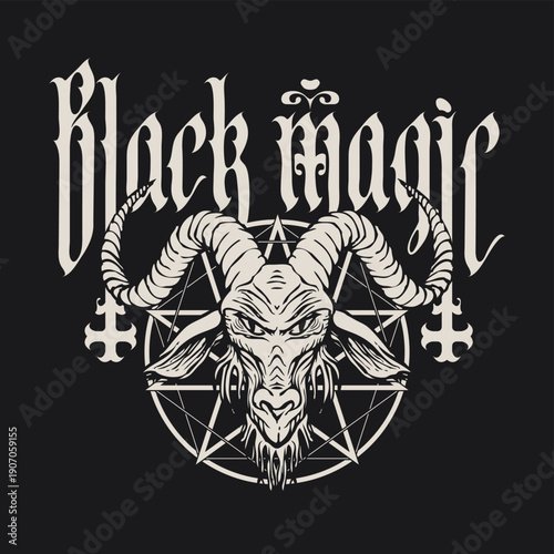 Vector banner on the theme of occultism and witchcraft with phrase Black magic written in gothic font with inverted crosses and horned goat head and inverted satanic pentagram. Can be used for t-shirt