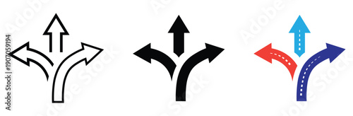 three way directional arrow choices option icon. road traffic direction arrow. alternate Route signs. vector illustration on transparent background. 