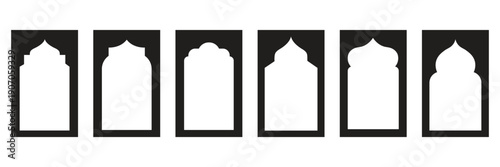 Arabian Ramadan boho arch frames with vector minimal line pattern. Muslim mosque window and door arch frames with islamic moon, star and aesthetic boho ornaments. Ramadan Kareem and Eid Mubarak themes