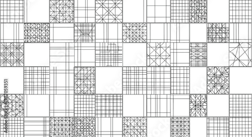 Abstract grid composed of squares, each containing a unique geometric pattern of lines and textures.
