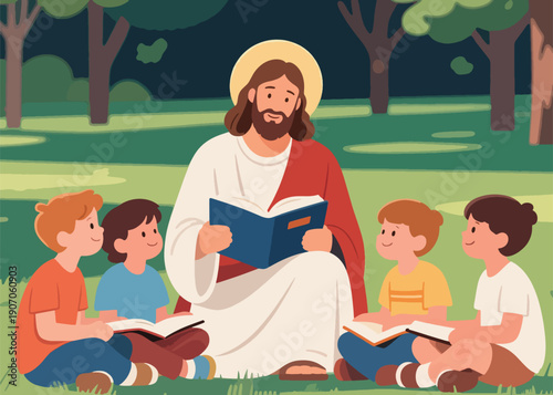 Lord Jesus Reads the Bible to Children in the Park Illustrator Artwork Creative Design Template 
