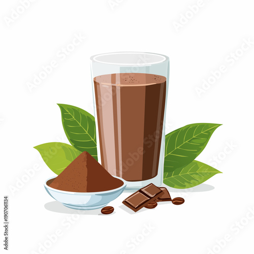 Tall Glass of Chocolate Milk Alongside a Bowl of Cocoa Powder Dark Chocolate Squares and Coffee Beans with Fresh Green Leaves on a White Background