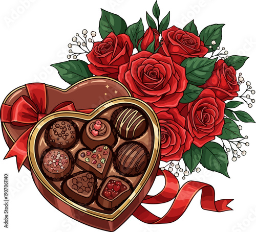 Elegant Valentine Chocolate and Red Rose Bouquet Vector Art