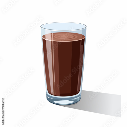 Tall Glass of Rich Chocolate Milk Beverage with Swirls and Light Reflection on White Background with Soft Shadow