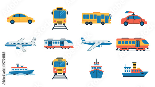 Colorful transportation icons: cars, trains, planes, and boats in flat design