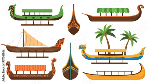 Colorful traditional boats collection featuring tropical elements and ornate designs