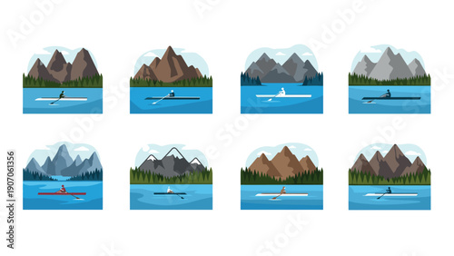 Scenic mountain lake with canoeists in flat design illustrations