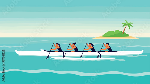 Team rowing in tropical waters with island background