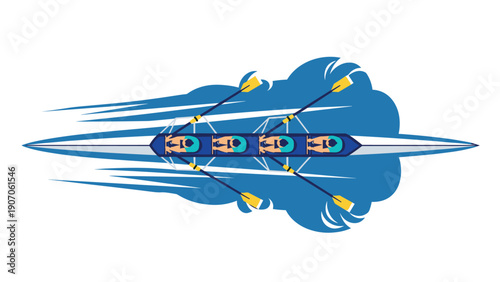 Team rowing in motion: dynamic, modern flat design of athletes in action