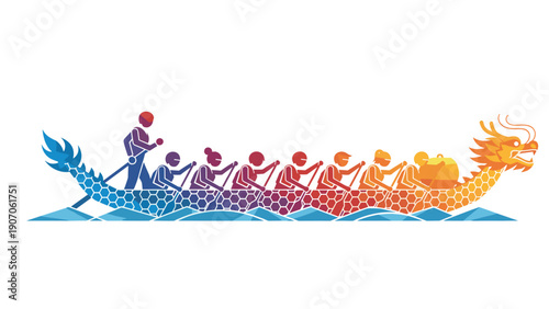 Colorful geometric dragon boat race with rowers on abstract waves