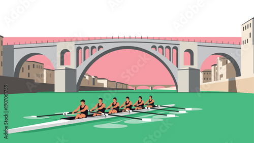 Team rowing on scenic river under majestic stone bridge in minimal flat design