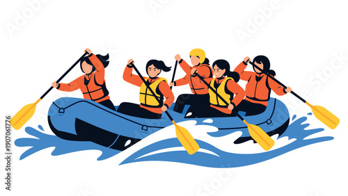 Exciting group rafting adventure with paddles and life jackets