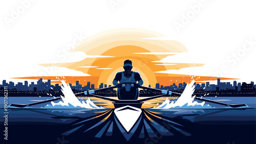 Dynamic rowing athlete at sunrise with city skyline in background