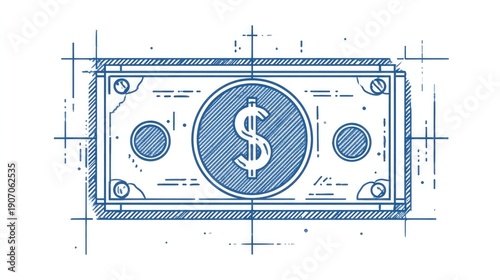 Blueprint of Monetary Concept: A detailed illustration of a single dollar bill, rendered in a technical blueprint style, symbolizing financial planning, wealth, and the concept of money.