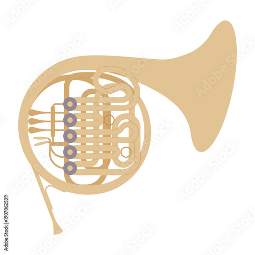 French horn. Brass wind musical instrument, orchestral music equipment. Simplicity vector illustration