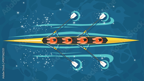 Team rowing in dynamic flat style with sparkling water effects