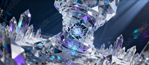 Vector illustration of a crystal vortex effect with reflections and refractions of light in a cold palette.