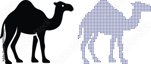 Black Camel Silhouette and Dotted Line Pattern Vector Illustration isolated on white