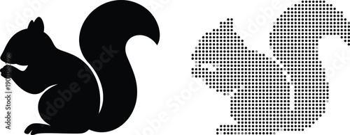 Black squirrel silhouette and pixel art vector icon set isolated on white