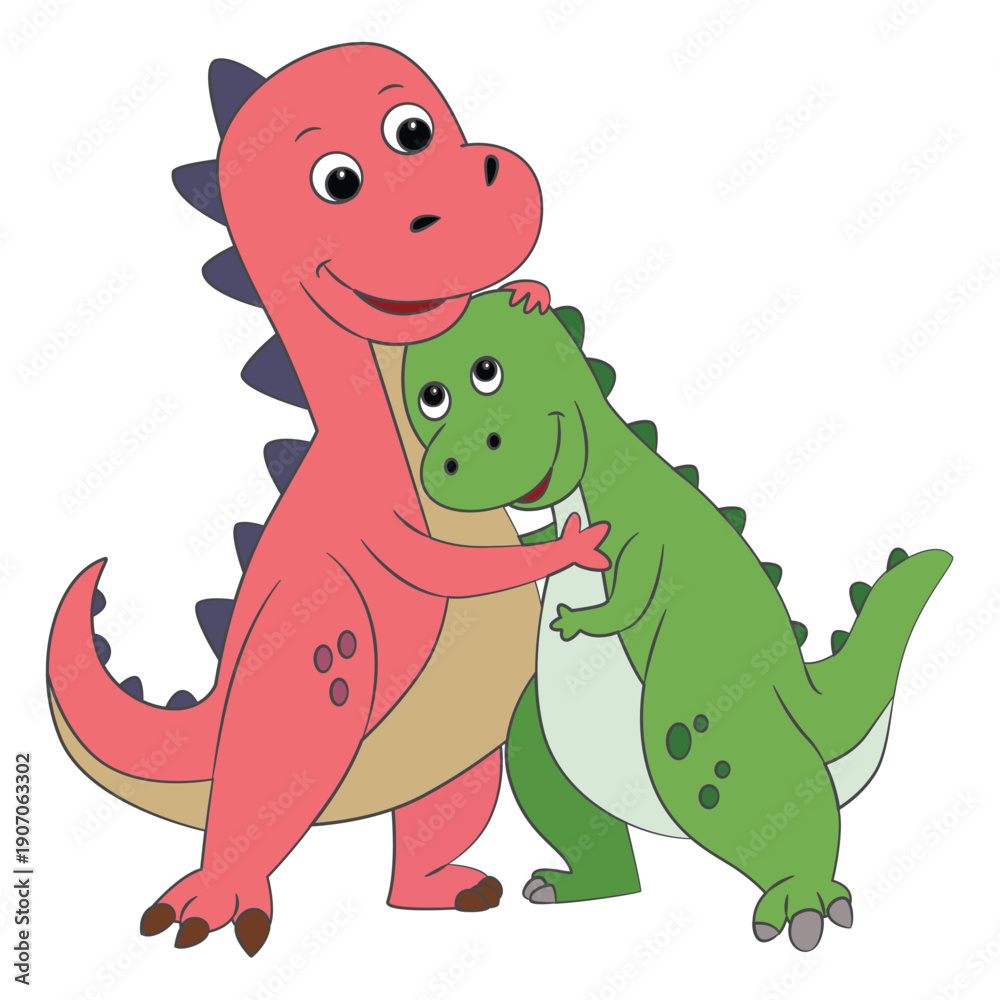 Fototapeta premium Two dinosaurs embracing isolated on white background