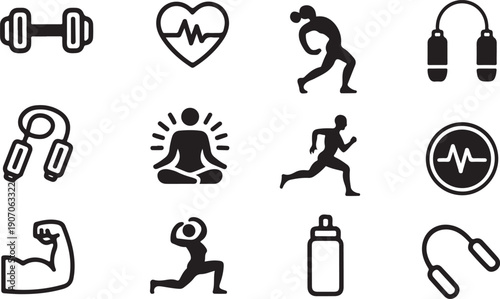 A collection of simplistic black icons representing various aspects of health fitness wellbeing and athletic activities high quality professional detailed modern