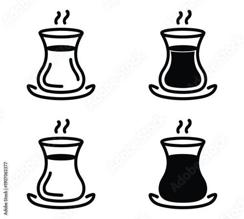 Turkish tea icon set featuring color editable designs on white background, illustrating traditional tea glass