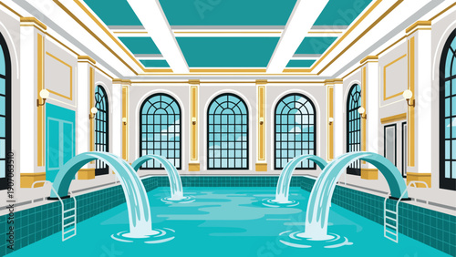 Luxurious indoor pool with elegant arched windows and waterfalls in a grand resort setting