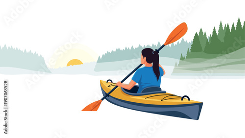 Woman kayaking at sunrise: adventure on a misty lake