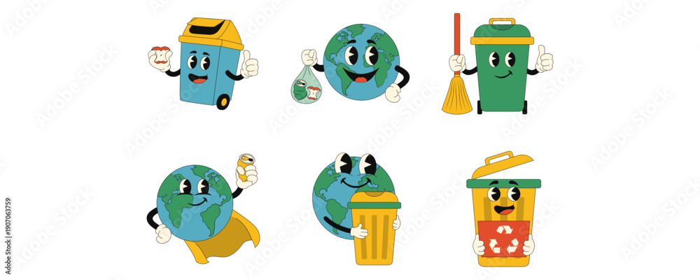 Fototapeta premium Set of trash can and earth character for zero waste, clean up day, awareness of waste, earth day, environment illustration. Vector isolated.