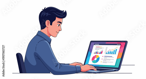 Man analyzing data on laptop business statistics report.