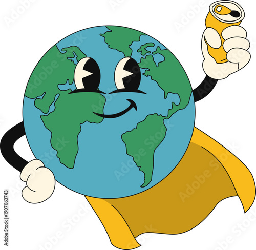 Fotografie Cartoon retro earth character for zero waste, clean up day, awareness of waste, earth day, environment illustration