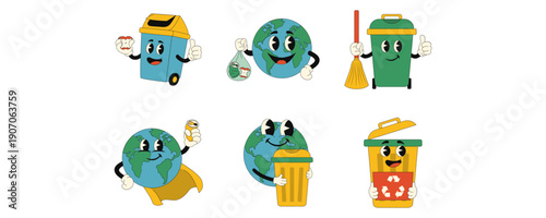 Set of trash can and earth character for zero waste, clean up day, awareness of waste, earth day, environment illustration. Vector isolated.