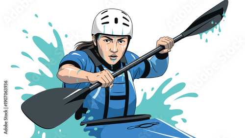 Dynamic kayaking adventure: cartoon style water sports enthusiast in action